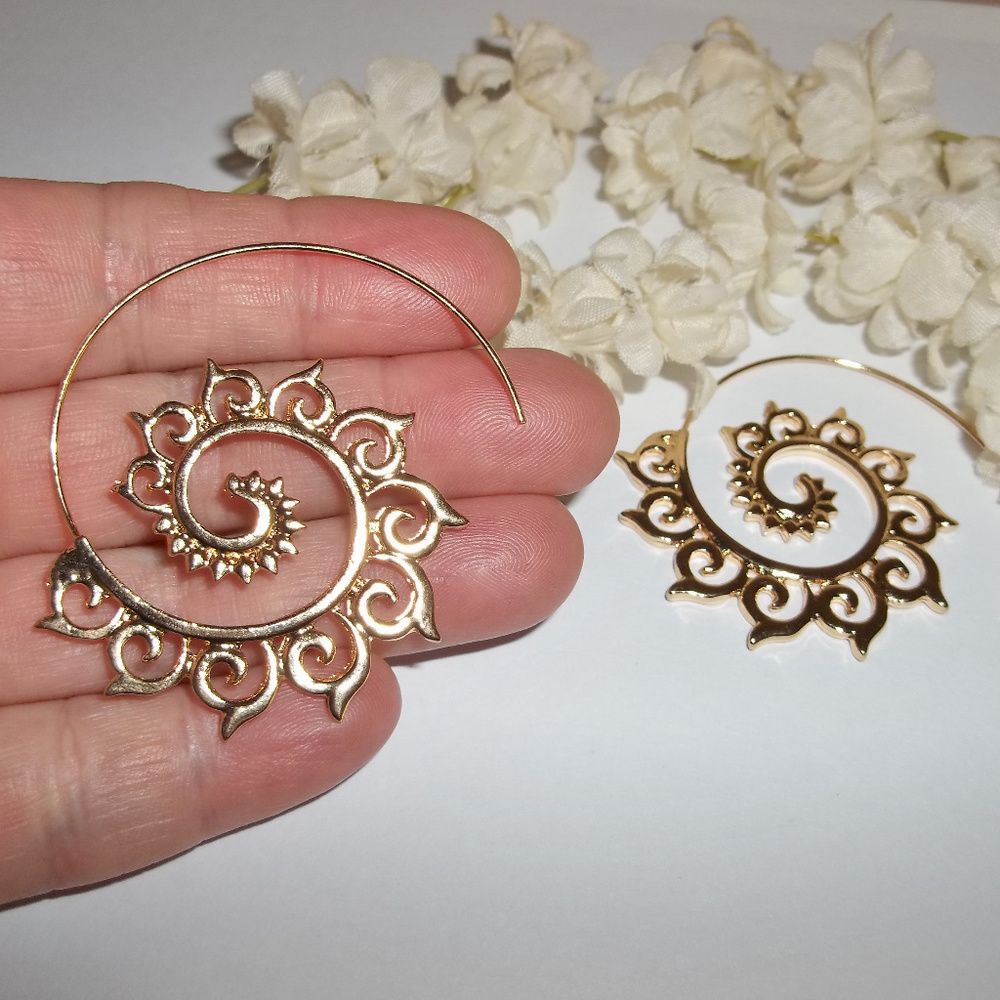 Gold Huggie Hoop Earrings Spiral Tribal Unisex Jewelry Set Pair Statement 4723 - Picture 7 of 10